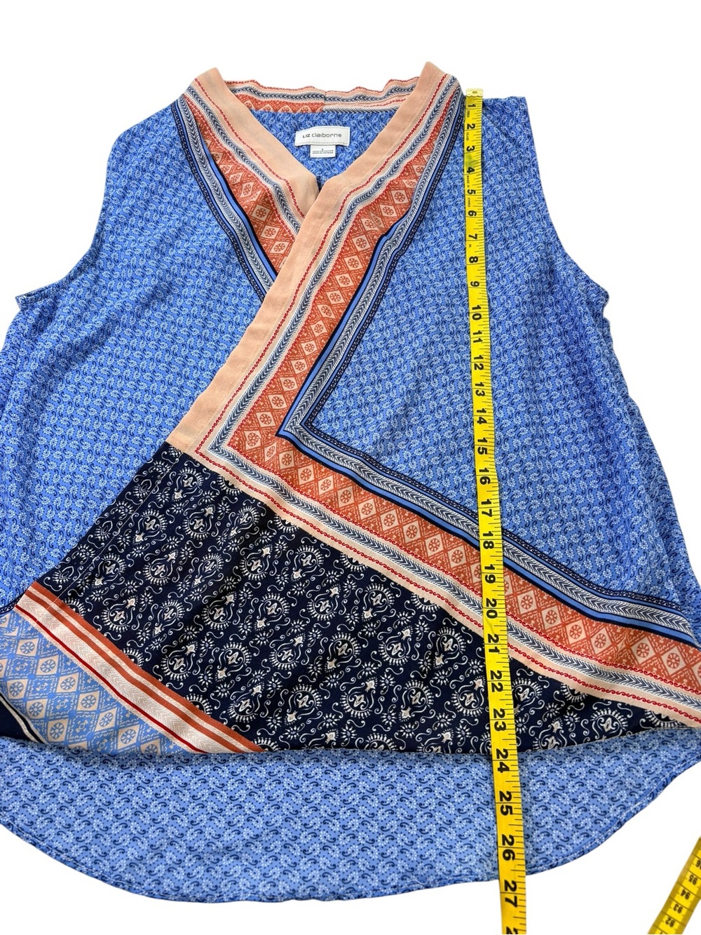 Liz Claiborne Snap Wrap Asymmetric Boho Sleeveless Top Vibrant Patchwork SzL - Picture 9 of 12